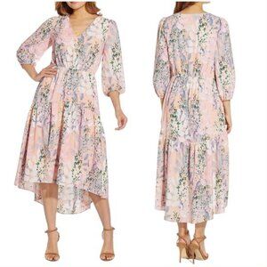 Adrianna Papell Pastel Pink Floral Print V-neck Tiered 3/4 Sleeve Chiffon Dress